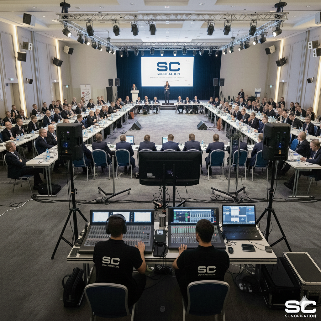 Système de sonorisation pour conférence avec microphones et équipement audio professionnel.